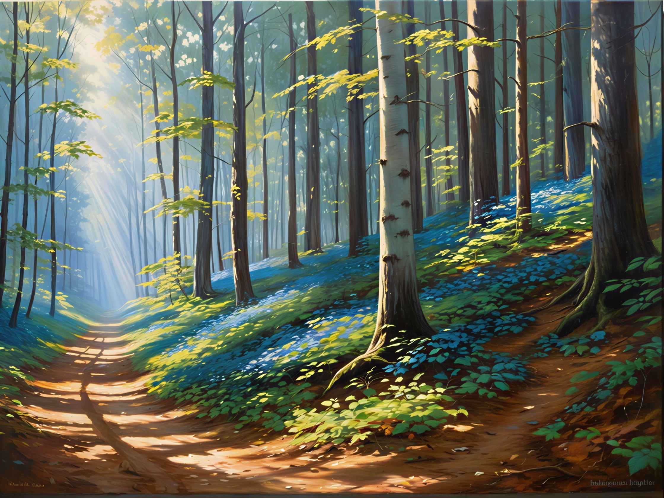 Serene forest scene with sunlight and vibrant flowers