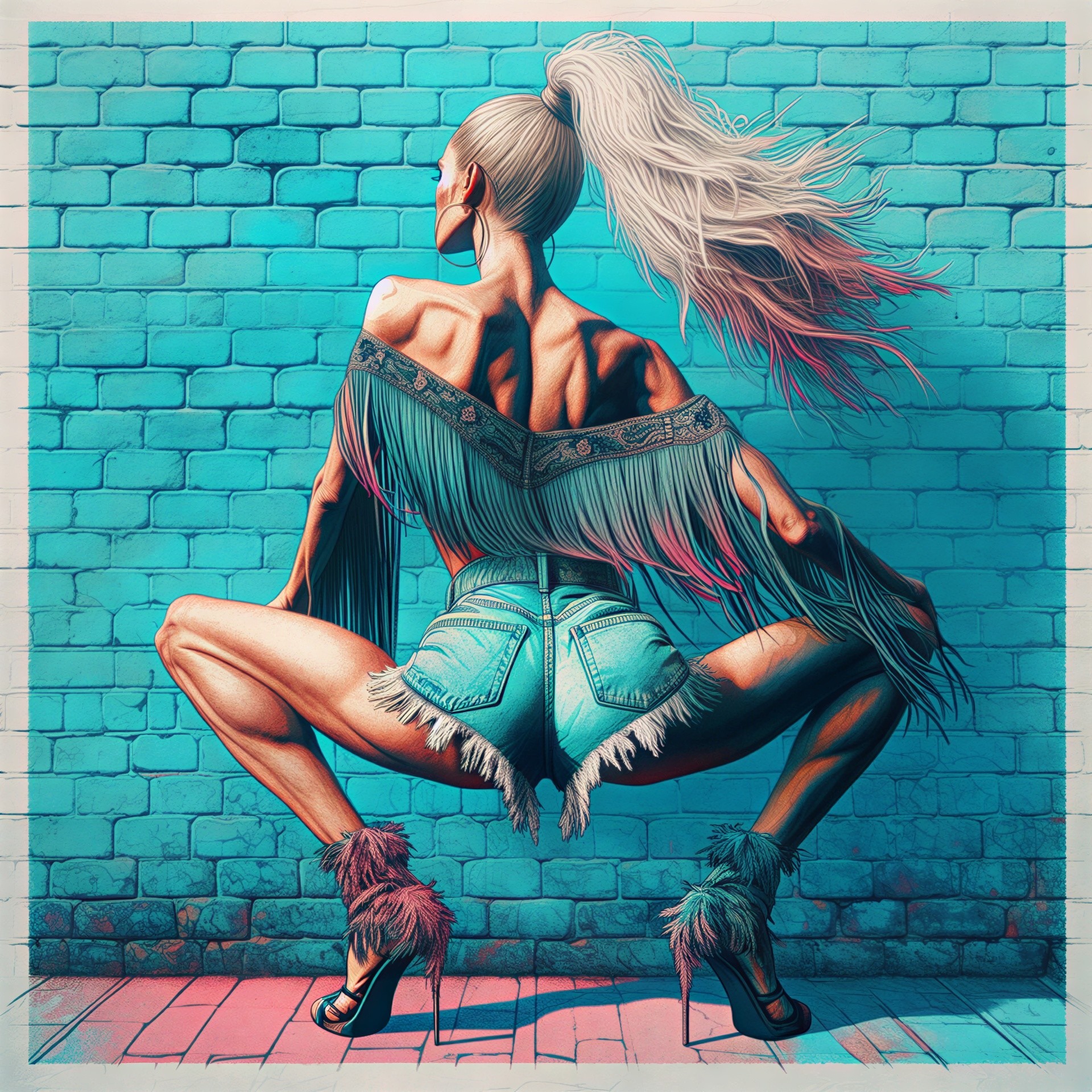 Muscular Woman Posing Against Turquoise Brick Wall