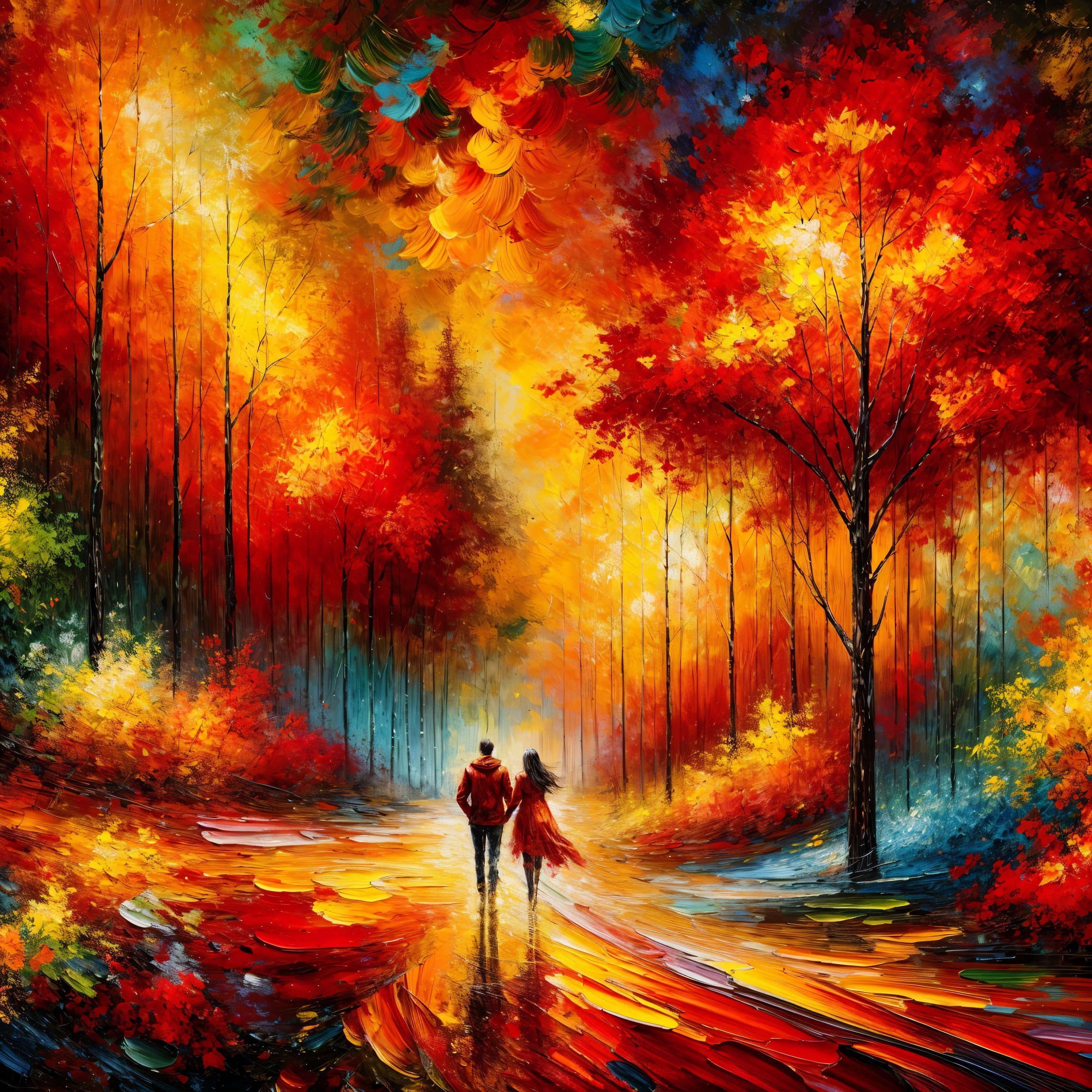 Autumn Landscape with Colorful Foliage and Couple