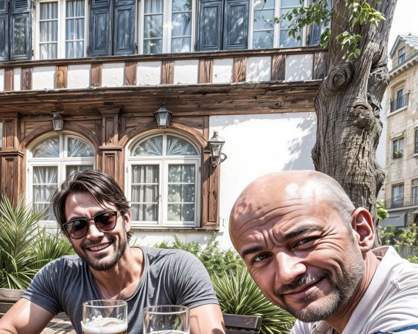 Outdoor Scene of Two Men Enjoying Drinks Together