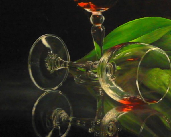 Elegant Glass Still Life with Dark Red Liquid and Leaf