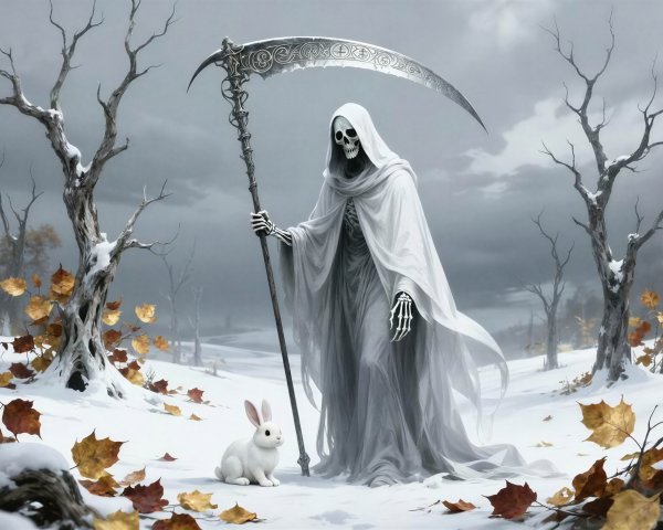 Skeletal Grim Reaper in Snowy Field with Rabbit
