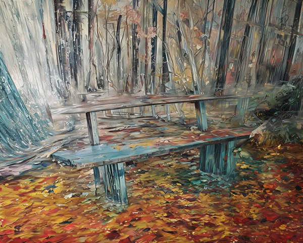 Wooden Bench in Vibrant Autumn Forest Scene