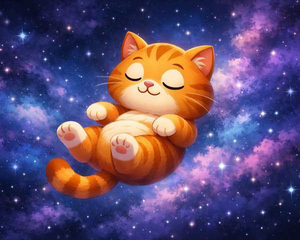Chubby Orange Tabby Cat in Starry Galaxy Background