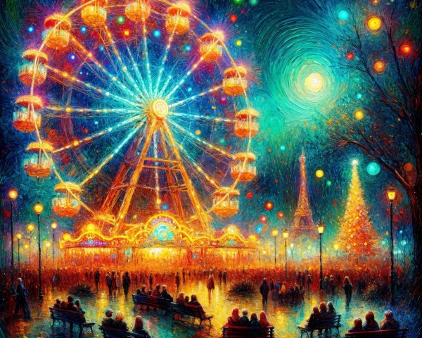 Festive Scene with Ferris Wheel and Eiffel Tower