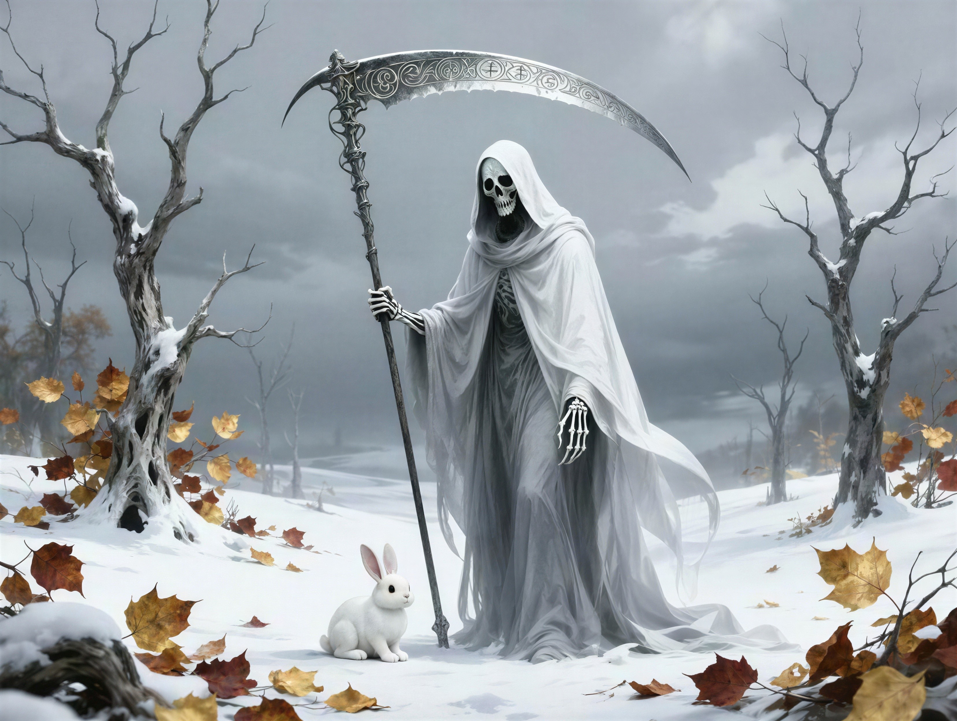 Skeletal Grim Reaper in Snowy Field with Rabbit