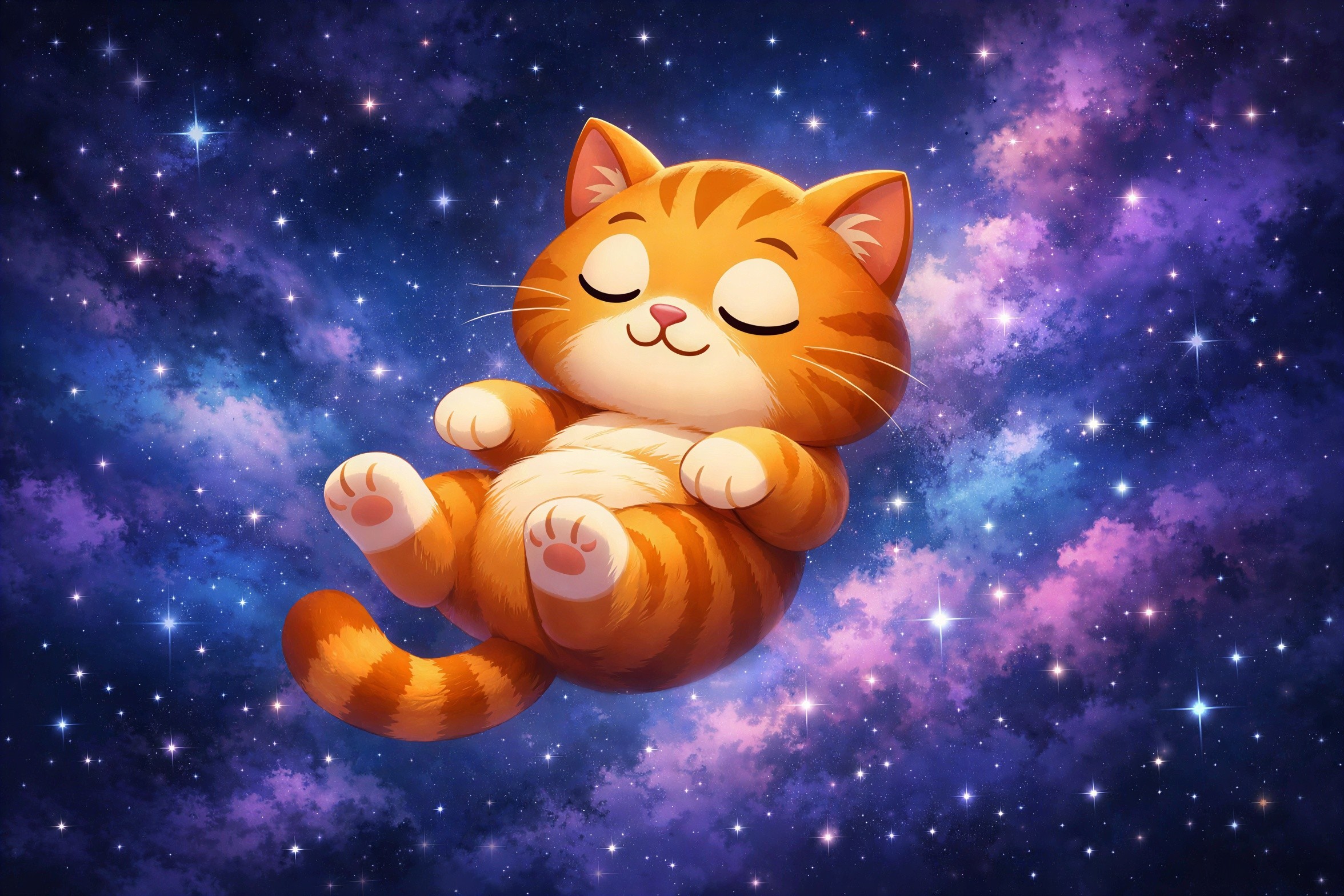 Chubby Orange Tabby Cat in Starry Galaxy Background