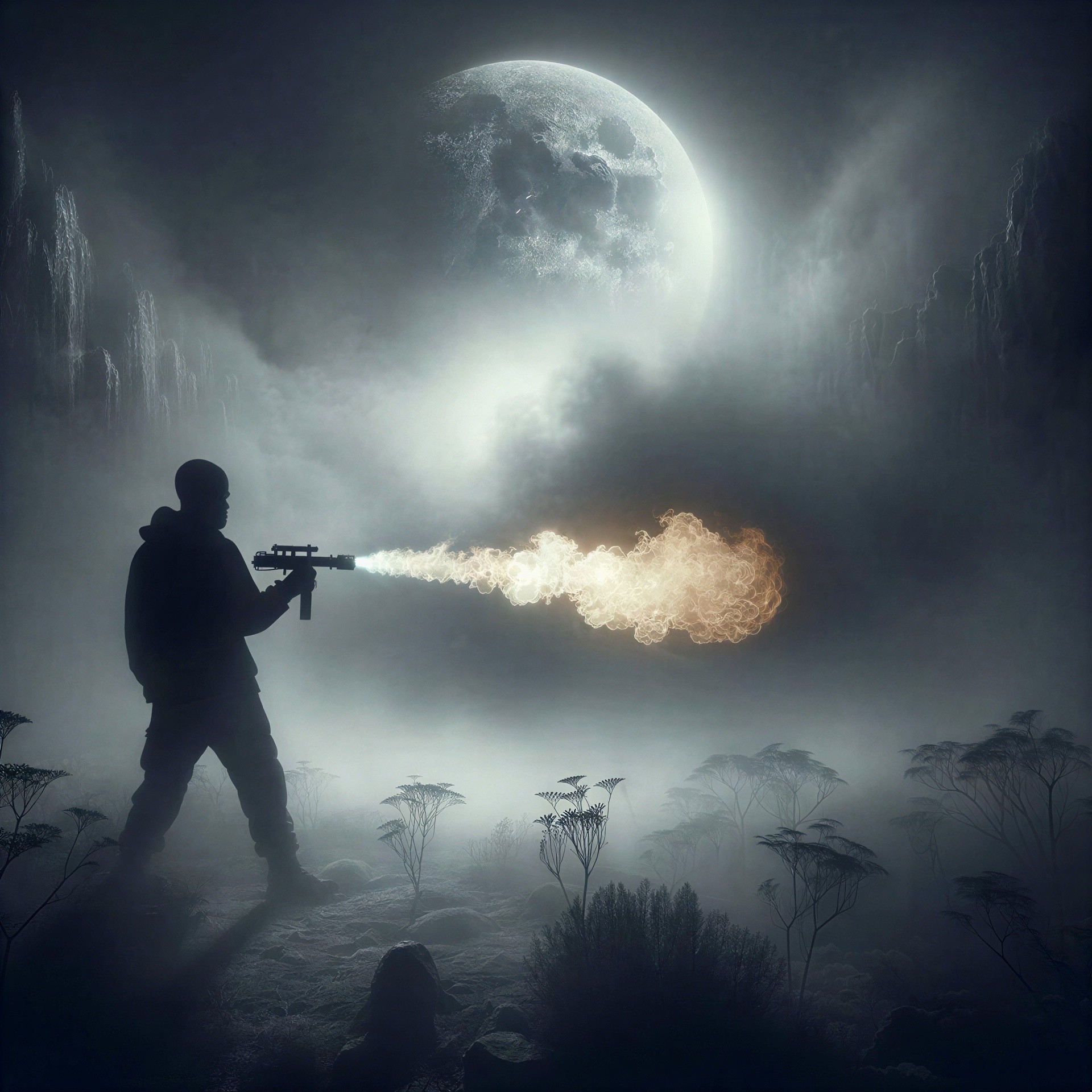 Silhouetted figure firing weapon against a full moon