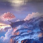 Vibrant Cherry Blossom Tree on Cliff Overlooking Sea