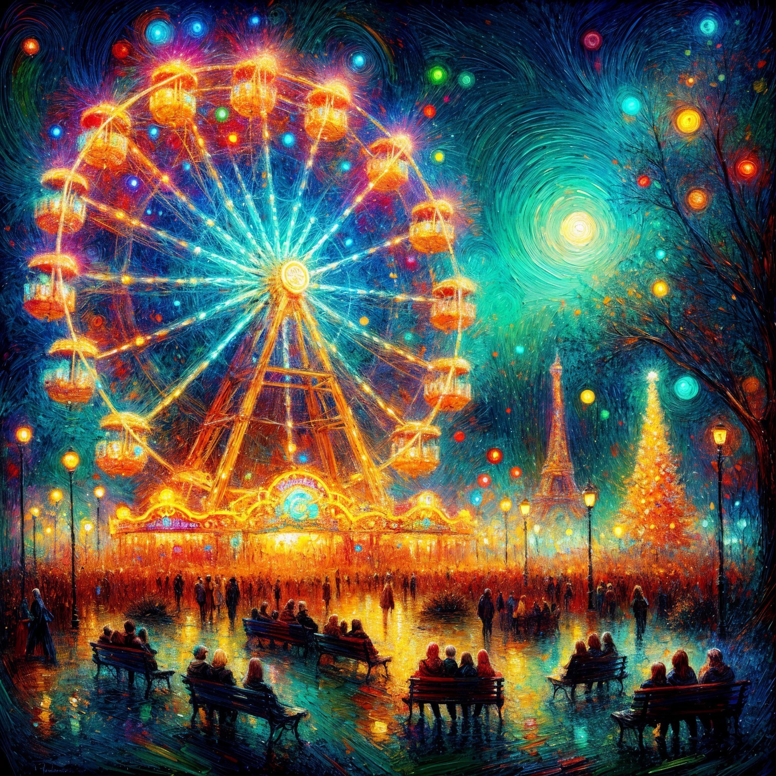 Festive Scene with Ferris Wheel and Eiffel Tower