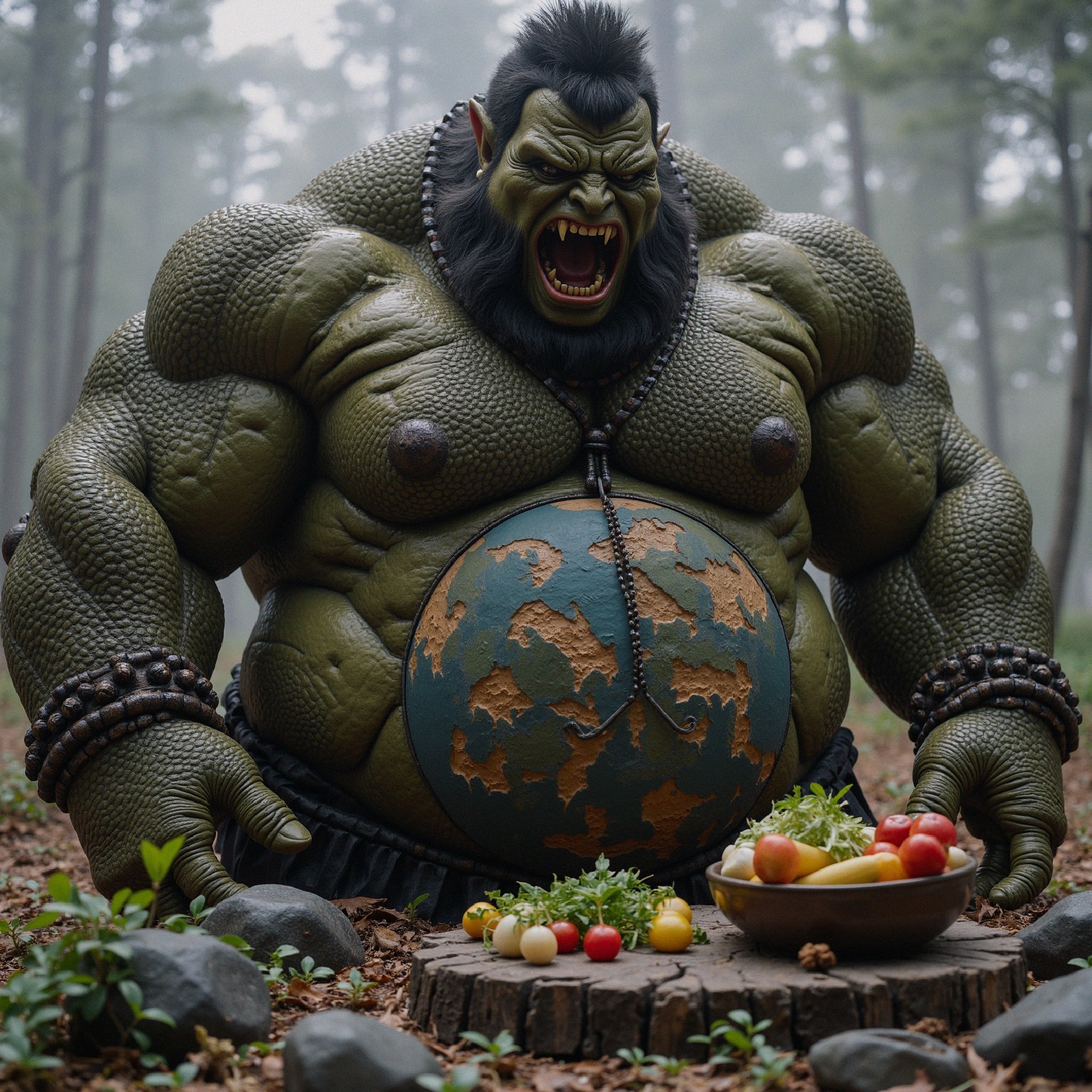 Muscular Green Creature in Misty Forest with Fruits