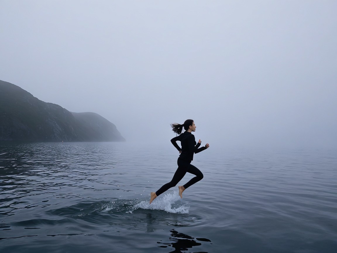 Woman in black outfit running on misty water surface