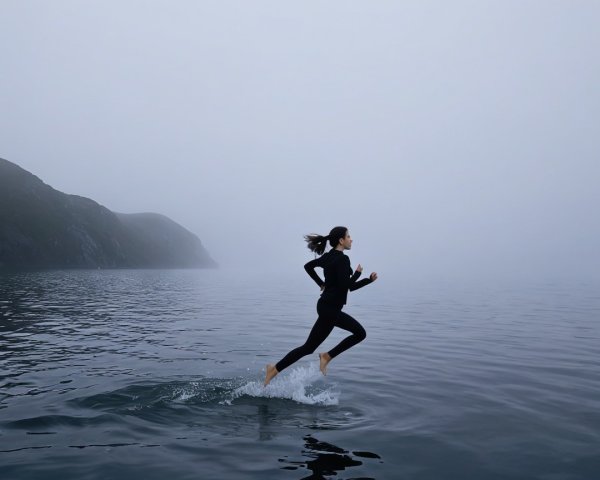 Woman in black outfit running on misty water surface