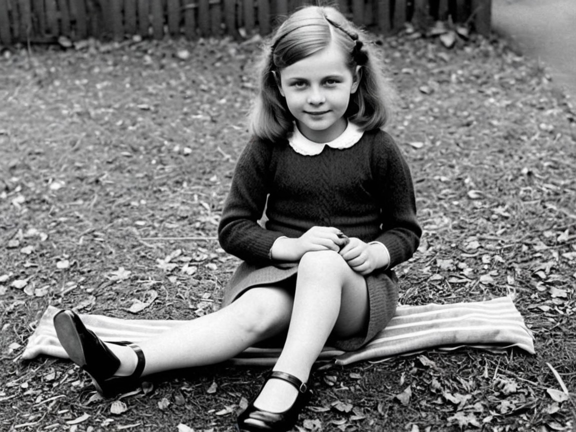 Young girl in dark sweater on striped blanket outdoors