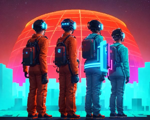 Astronauts in Futuristic Landscape with Glowing Orb