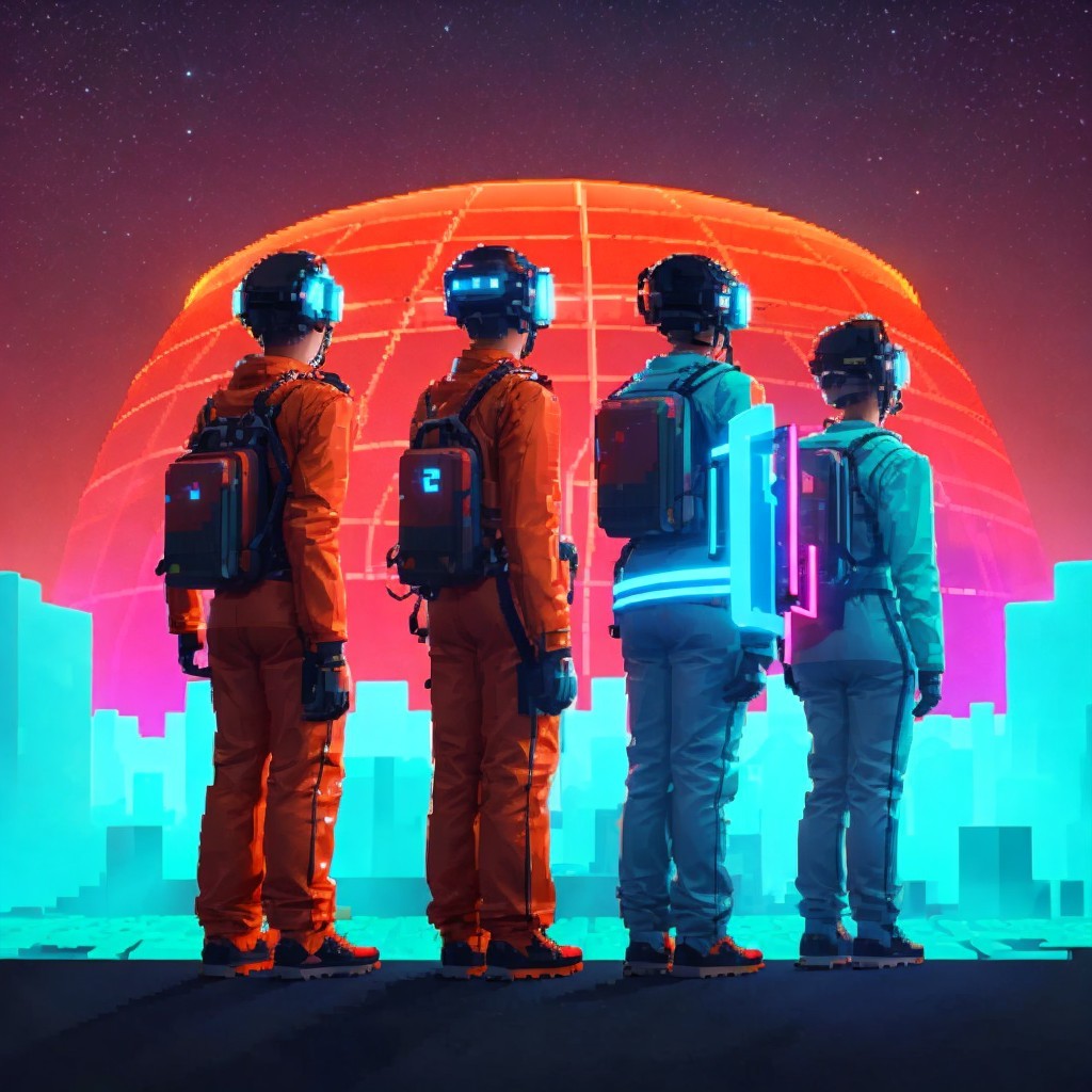 Astronauts in Futuristic Landscape with Glowing Orb