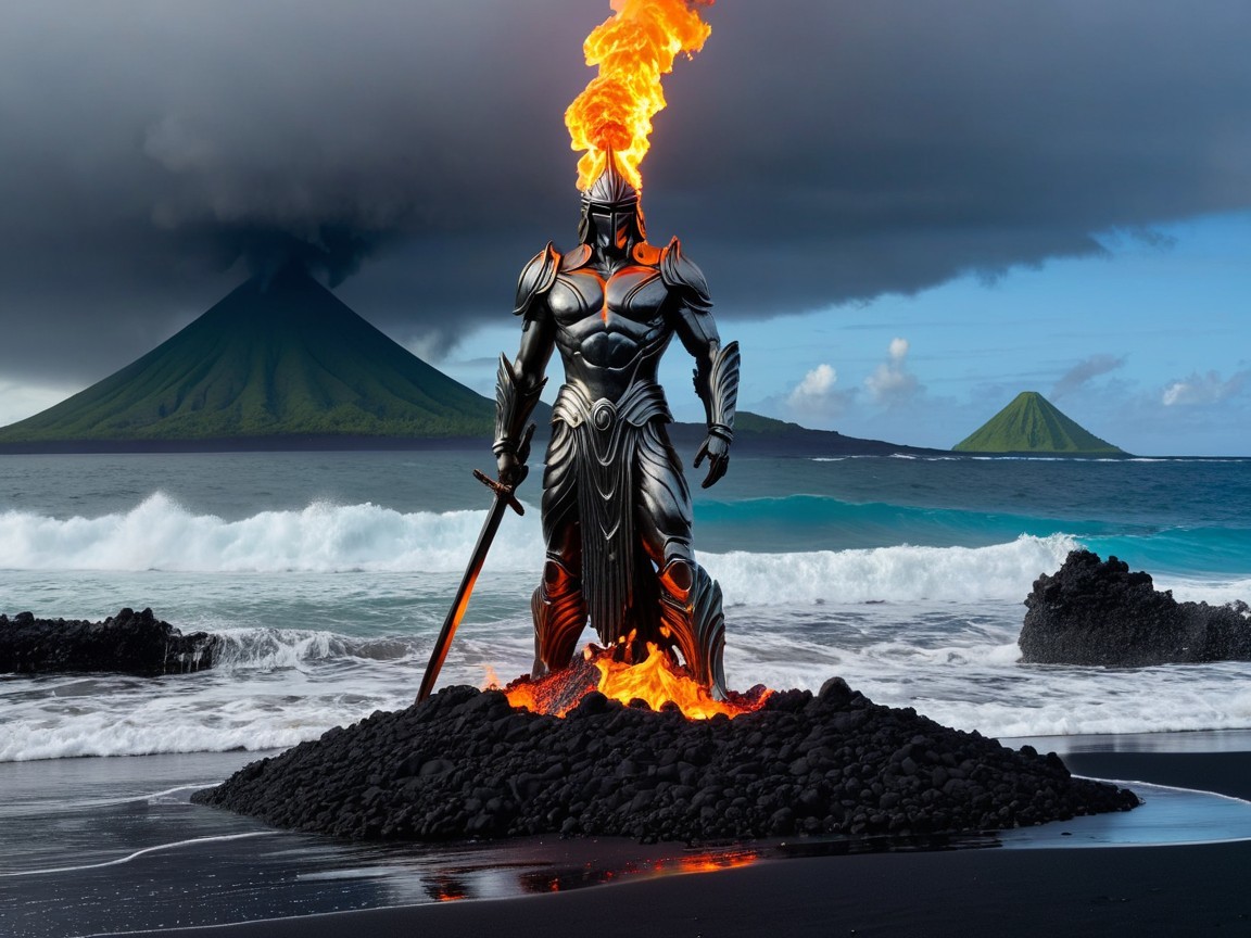 Knight in Dark Armor on Volcanic Rock Formation