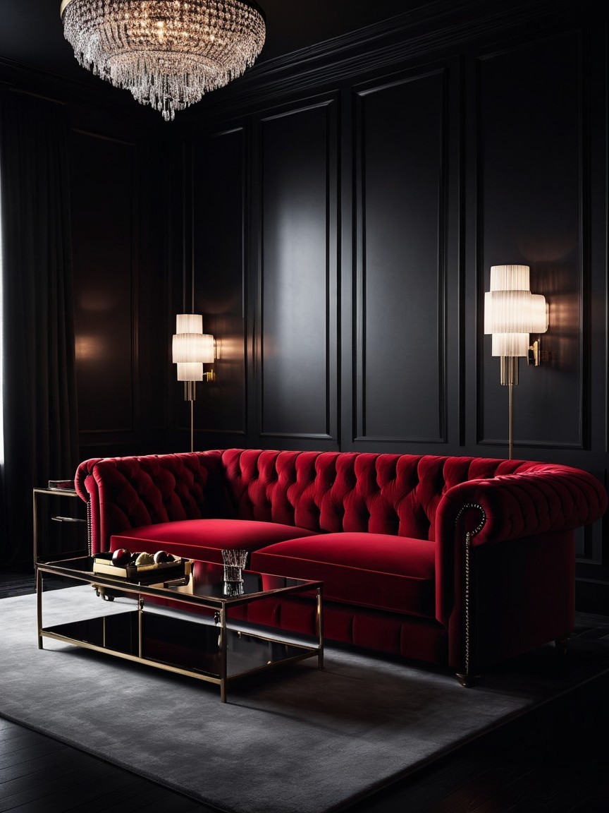 Luxurious Interior with Red Sofa and Black Walls