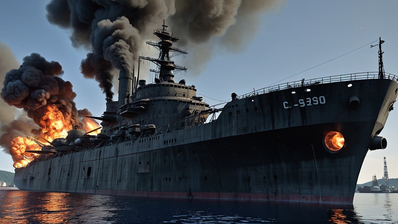 Battleship C-9290 Engulfed in Flames and Smoke