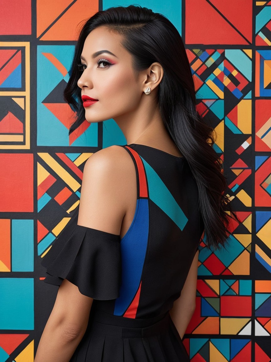 Stylish Woman in Chic Black Dress with Geometric Background