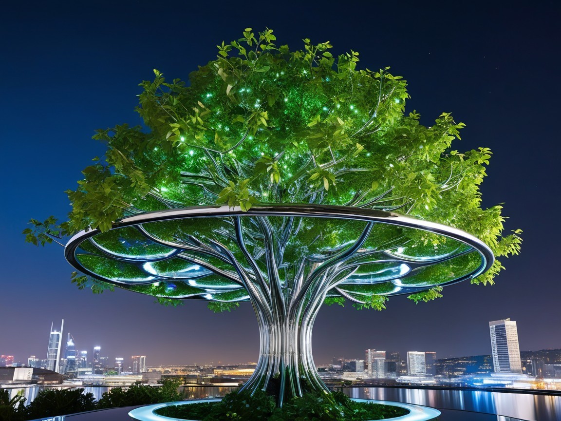 Futuristic Tree Sculpture with Green Lights in Cityscape