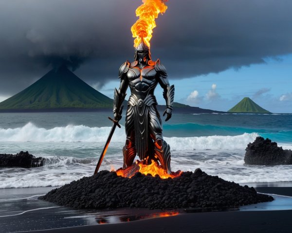 Knight in Dark Armor on Volcanic Rock Formation