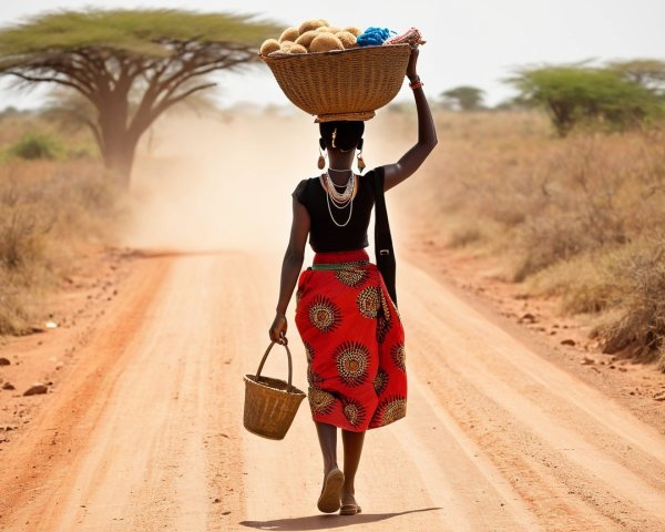 Woman on Red Path with Woven Basket and Acacia Trees