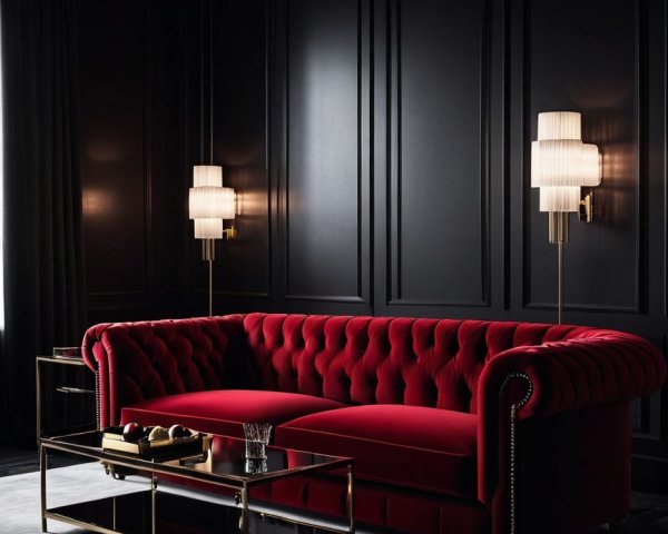 Luxurious Interior with Red Sofa and Black Walls