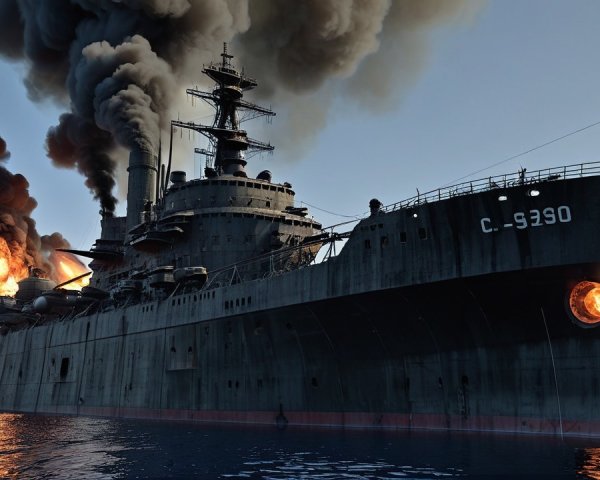 Battleship C-9290 Engulfed in Flames and Smoke