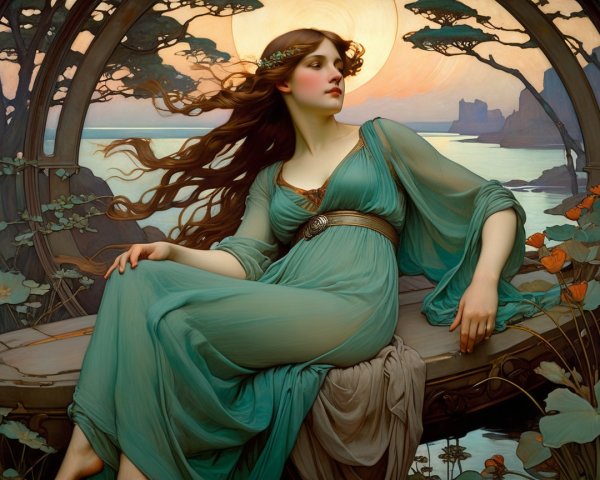 Serene Woman in Teal Gown by Tranquil Waterway
