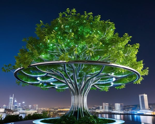 Futuristic Tree Sculpture with Green Lights in Cityscape