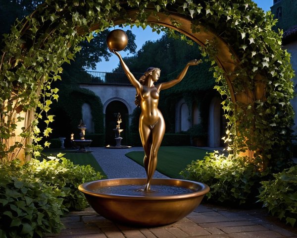 Bronze Nude Woman Statue in Serene Garden Setting