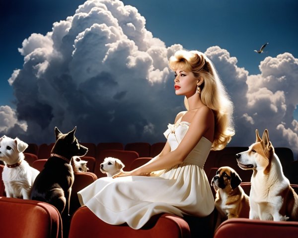 Blonde Woman in Bouffant Surrounded by Dogs in Theater