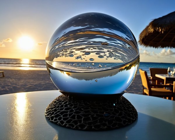 Glass Crystal Ball Reflecting Beach Sunset Scene