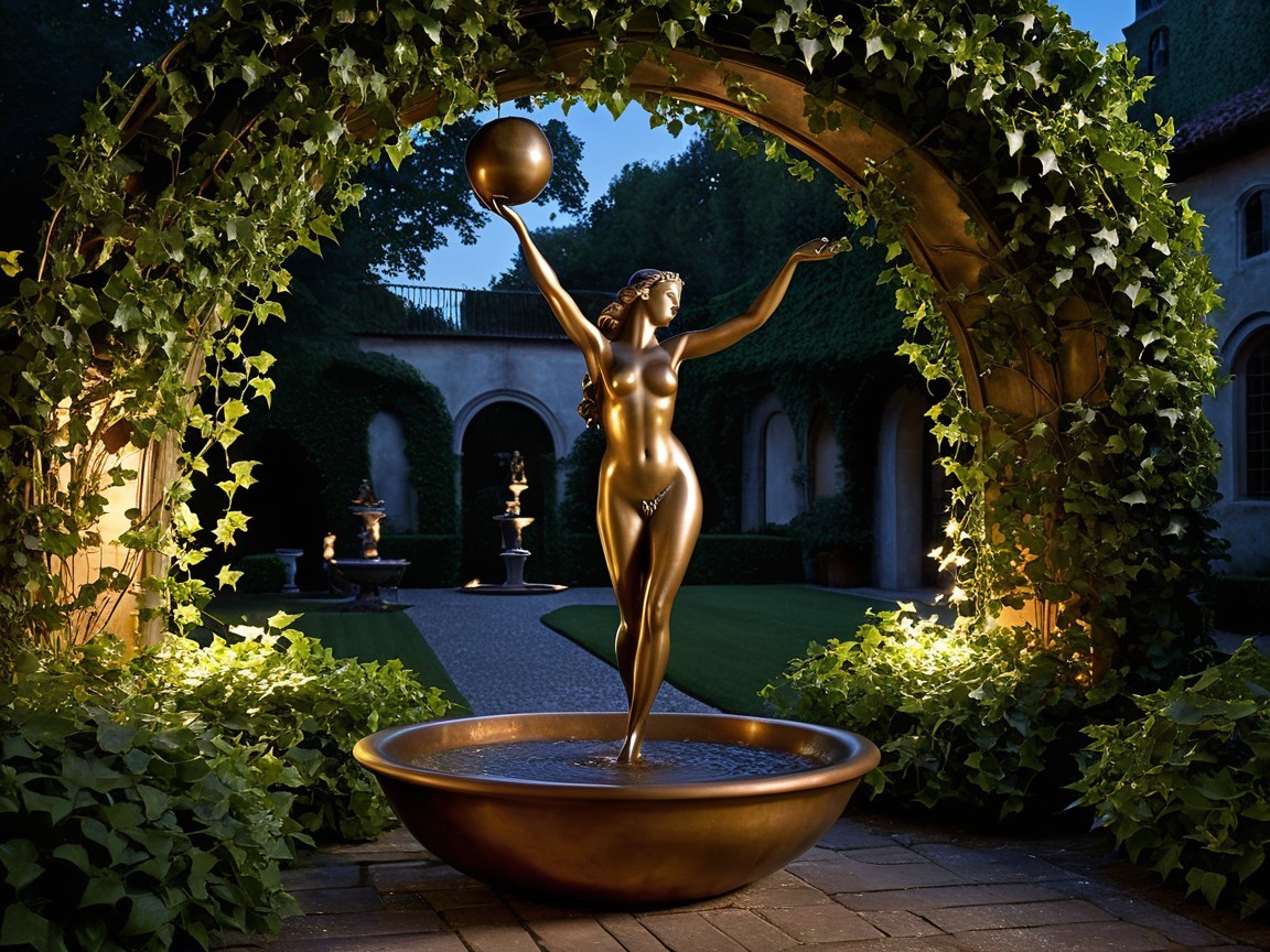 Bronze Nude Woman Statue in Serene Garden Setting