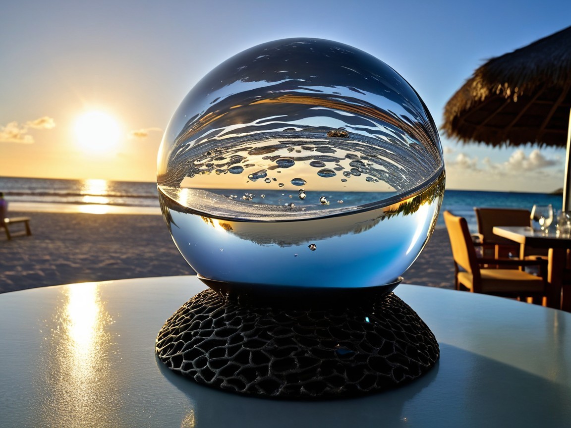 Glass Crystal Ball Reflecting Beach Sunset Scene