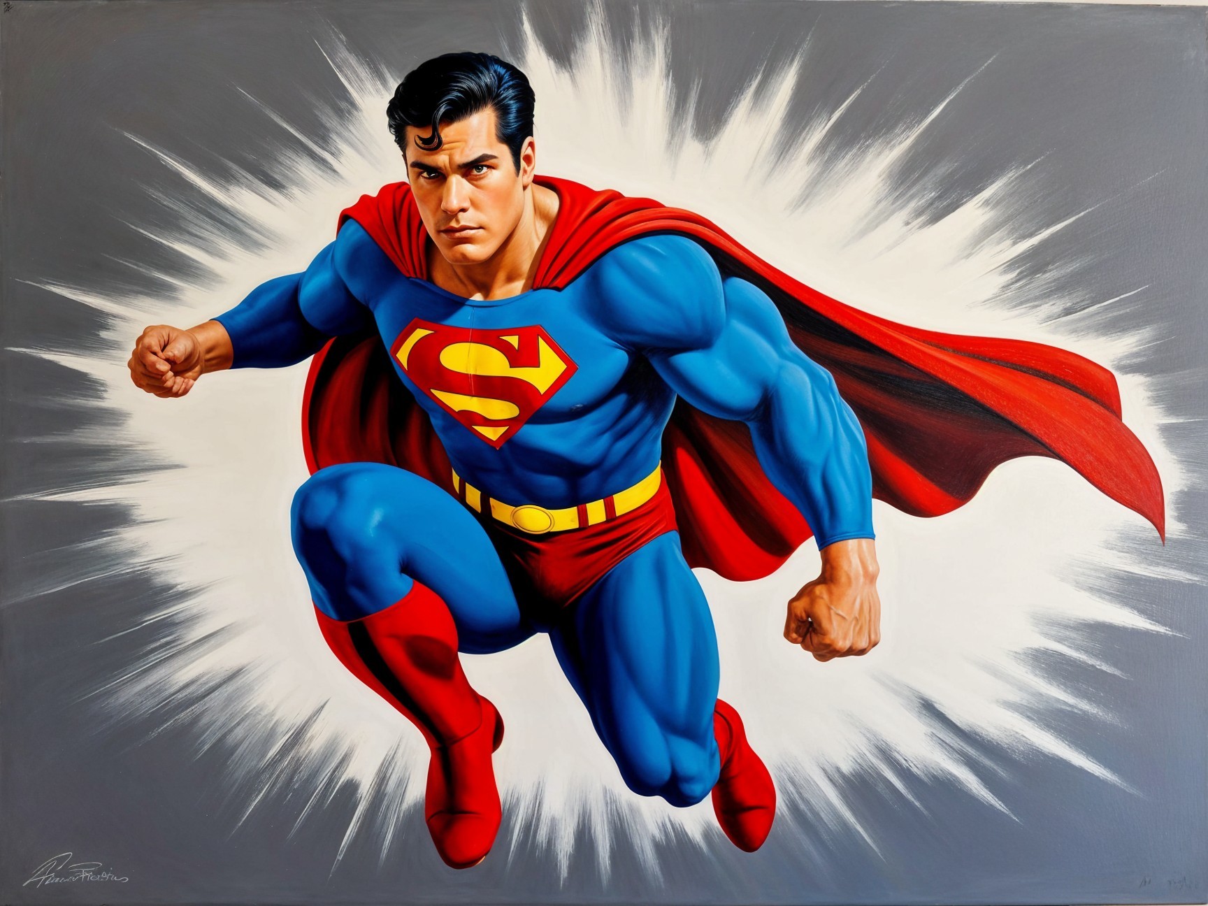 Superhero in Blue Suit and Red Cape Mid-Flight