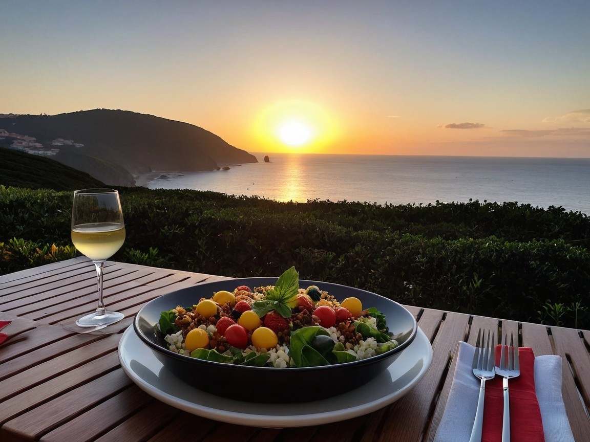 Colorful Salad with Wine Against Sunset Background