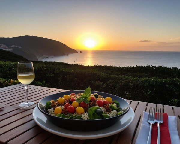 Colorful Salad with Wine Against Sunset Background