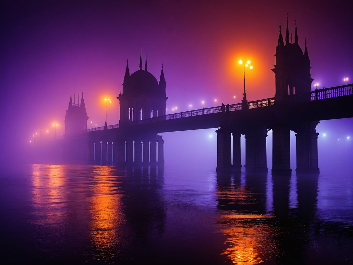 Mystical Bridge Scene with Fog and Glowing Lights