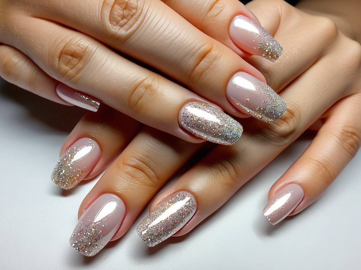 Manicured Nails with Pink Base and Glitter Design