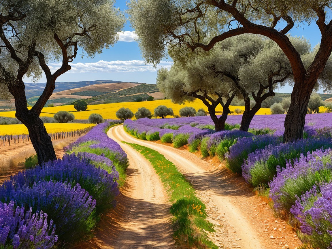 Scenic Pathway Through Lavender and Olive Fields