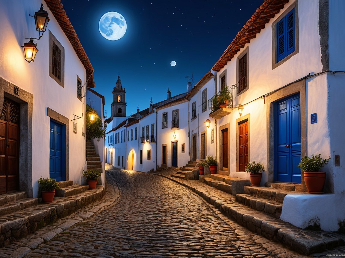 Cobblestone Street in a Picturesque Village at Night