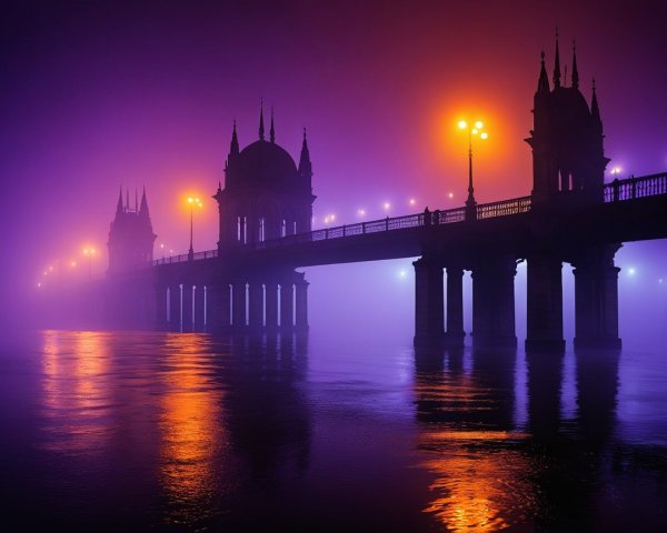 Mystical Bridge Scene with Fog and Glowing Lights