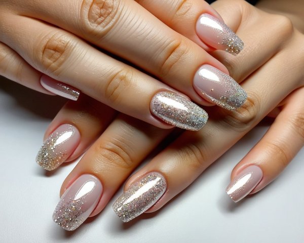 Manicured Nails with Pink Base and Glitter Design