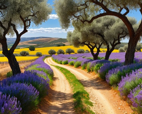 Scenic Pathway Through Lavender and Olive Fields