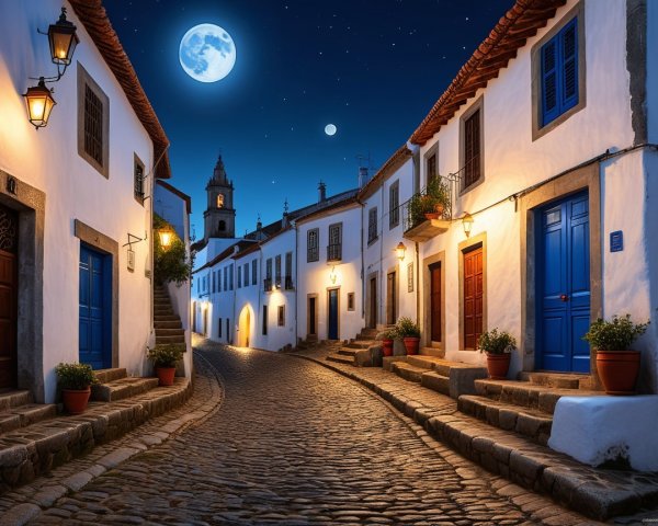 Cobblestone Street in a Picturesque Village at Night