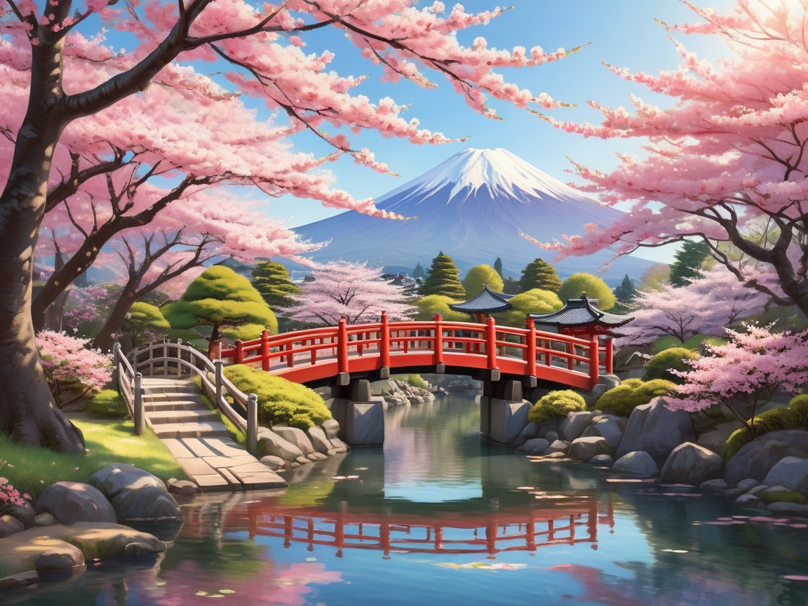 Cherry Blossom Landscape with Pond and Mount Fuji