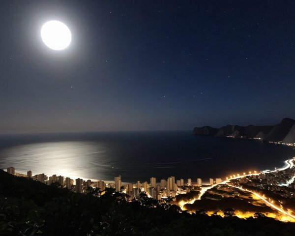 Nighttime Coastal City with Moonlit Ocean and Cliffs