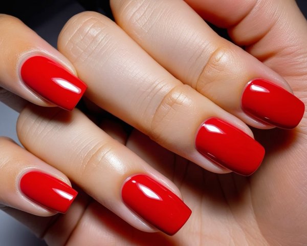 Close-up of Glossy Red Manicured Nails in Elegant Style